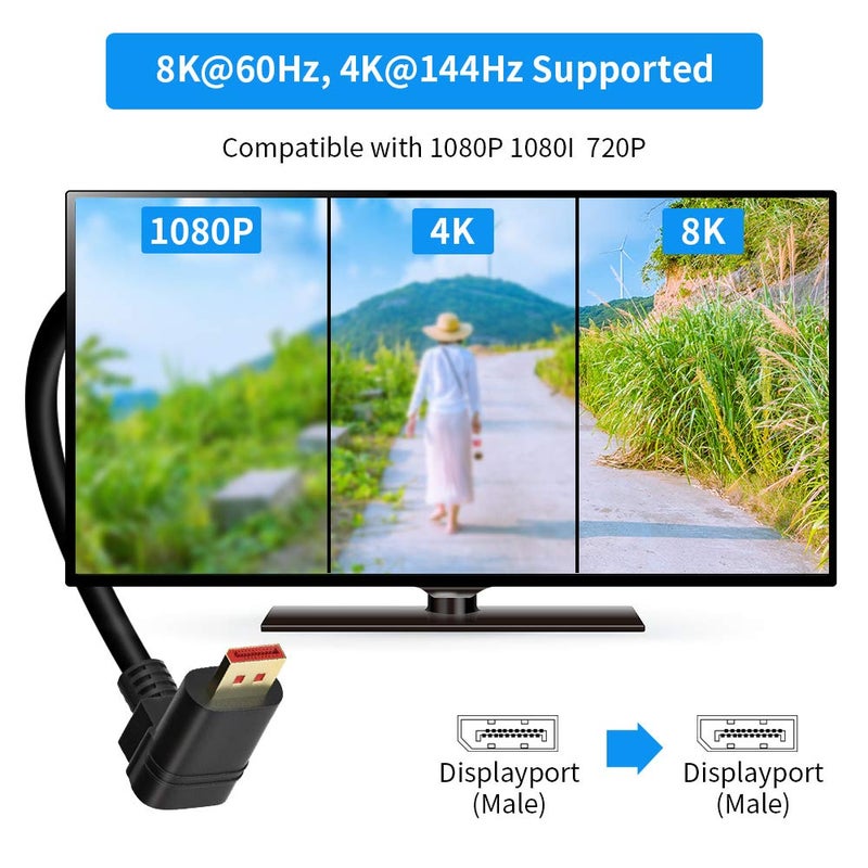 BolAAzuL 90 Degree Displayport 1.4 Adapter Cable, Right Angle Display Port Cable Downward Angled 8K/60Hz, 4K/144Hz 6ft/1.8m Male/Male High Speed for SSUPD Meshlicious/Vertical Mounted GPU - Image 3